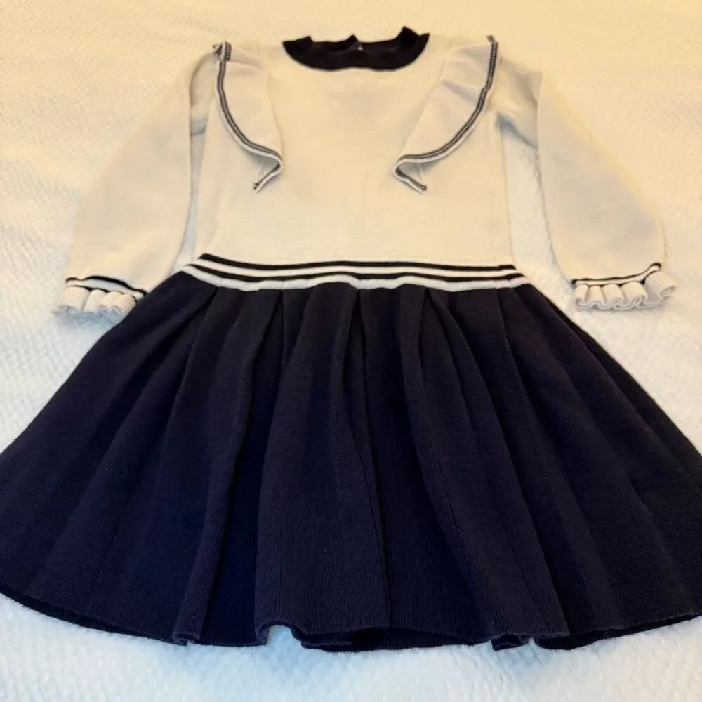 Hope & Henry | Ivory Navy Knit Dress | Ruffle Trim and Mock Neck | Girls 5